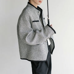 Threebooy Mens Jacket Retro Textured Knit Temperament Trendy Contrast Trim High-End Jacket Unique Pockets Chic Cropped Men'S Clothes 2024
