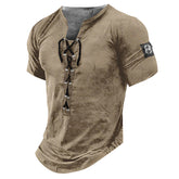 Threebooy New Men V-neck Vintage T-shirt Short Sleeve Casual Cotton Tee Top Summer Fashion Lace Up 3D Digital Printed Tshirts Man Clothing