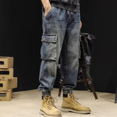 Threebooy Fashion Vintage Men Jeans Spring Autumn Multiple Pockets Cargo Pants Oversized Loose Ankle Binding Denim Trousers Streetwear