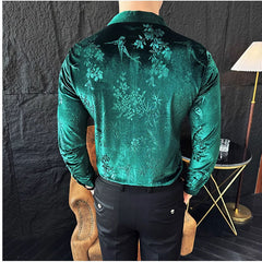 Threebooy Korean Style Elastic Velvet Shirt For Men Spring Autumn Long Sleeve Slim Fit Tops Fashion Vintage Shirts Barber Nightclub
