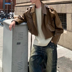 Threebooy American Street Retro Heavy Industry Rivet Motorcycle Leather Jacket Men's Elegant British Jacket Autumn Unisex Short Jacket