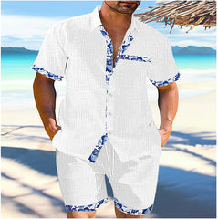 Threebooy Summer Mens Cotton Linen Two Piece Set Contrast Color Short Sleeve Lapel Shirts And Shorts Loose Suits Hawaiian Beach Outfits