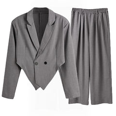 Threebooy Spring Autumn Fashion Men Small Suit Set Tailored Collar Long Sleeve Irregular Tops And Straight Pants Two Piece Sets Loose Outf