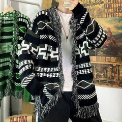 Threebooy Ethnic Style Knitted Cardigan Men Loose Lazy Tassel Sweater Shawl Autumn Winter Hip Hop Couple Knitting Top Coat Streetwear