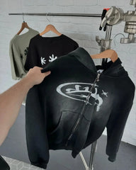 Threebooy 2000s Fashion Hoodies New Harajuku Hip Hop Long Sleeve Coats Loose zipper Hooded Vintage Sweatshirt Men Women Vintage Streetwear