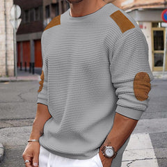 Threebooy Men Patchwork Suede Knit Sweater Slim Fit Long Sleeve O-neck Knitwear Spring Autumn Fashion Knitted Pullover Tops Streetwear