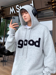 Threebooy Men'S Hooded Cable Knit Sweater, Grey, Thickened for Fall/Winter, Loose Fit, Casual Style, Polyester, Stretch Fabric, Drawstring Detail