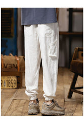 Threebooy Spring Summer Mens Linen Casual Pants Elastic Waist Loose Pencil Pants Fashion Sports Ankle-Length Cargo Trousers Flax