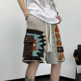 Threebooy American Vintage Patchwork Knit Shorts For Men Navajo Embroidery Geometric Knitting Short Pant Summer Oversize Loose Shorts Fat