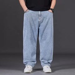 Threebooy Oversize Jeans Men Spring Autumn Casual Loose Straight Denim Pants Plus Size Wide Leg Elastic Waist Trouser Clothing For Fat Man
