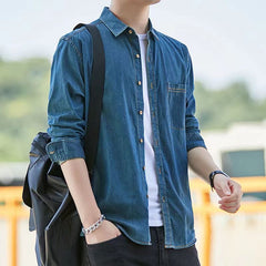 Threebooy Fashion Korean Style Denim Shirt For Men 100% Cotton Long Sleeve Slim Fit Tops Spring Autumn Casual Denim shirts Plus Size 4XL