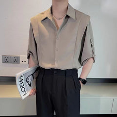 Threebooy Summer Ice Silk Shirt For Men Fashion Casual Three Quarter Sleeve Tops Trendy Vintage Fake Two Shirts Streetwear Advanced Sense