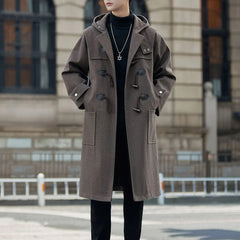 Threebooy Mens Windbreaker Horn Button Casual Cape Coat Autumn Streetwear Fashion All-Match Commuting Long Hooded Jacket Men'S Clothing