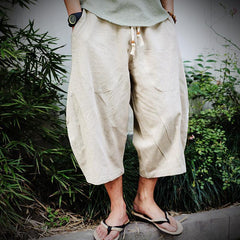 Threebooy Oversized Wide-leg Cotton Linen Calf-Length Pants Mens Summer Drawstring Loose Beach Shorts Casual Harlan Trousers Fat Plus Szie