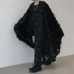 Threebooy Dark Knee-Length Long Cloak Autumn New Nightclub Party Performance Clothing Youth Trend Loose Solid Casual Feather Cloak