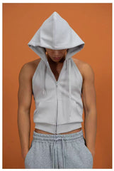 Threebooy High Elastic Sport Hooded Vest Men Backless Sleeveless Hoodie Sweatshirt Fashion Casual Zipper Placket Slim Fit Tank Tops