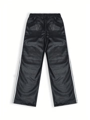Threebooy Men's PU Leather Pants, 45% Polyurethane 55% Polyester, All-Season Street Style Straight Leg with Side Stripe Design, Loose Fit Woven Trousers, Allseason Pants | Modern Loose Pants | Drawstring Waistband