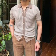 Threebooy Summer Men Knit Polo Shirts Fashion Simple Plaid Knitted Sweater Vintage Short sleeve Button Cardigan Business Casual Knitwear