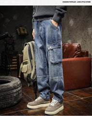 Threebooy American Style Multi Pocket Denim Pants Men Spring Autumn Loose Straight Trouser Trendy Vintage Cargo Jeans Fashion Streetwear