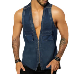 Threebooy Vintage Patchwork Jean Tank Tops Men Slim Fit Sleeveless Denim V-neck zipper Shirts Summer Fashion Sexy Vest Male Streetwear