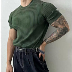 Threebooy Summer New Men Thin Knitted T Shirts Slim Fit Elastic Short Sleeve O Neck Tee Fashion Solid Color Ribbed Muscle T-shirt Male