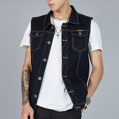 Threebooy Streetwear Men Oversized Denim Vest Sleeveless Turndown Collar Big Pocket Jacket Spring Autumn Fashion Vintage Loose Tank Tops