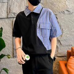 Threebooy Fashion Stripe Patchwork Polo Shirts For Men Short sleeve Tee Tops Summer Trendy Contrast Color Fake Two Polos Tshirts Clothing