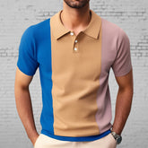 Threebooy 2025 Summer New Mens contrast color Polo Shirts Knitwear Fashion Patchwork Knit Tops Short Sleeve Button Lapel Polo Tee Tshirt