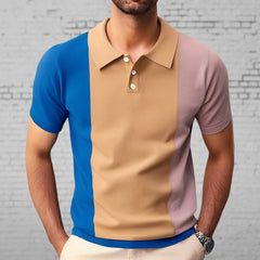 Threebooy 2025 Summer New Mens contrast color Polo Shirts Knitwear Fashion Patchwork Knit Tops Short Sleeve Button Lapel Polo Tee Tshirt