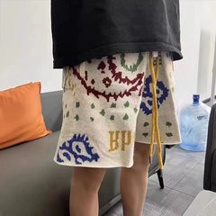 Threebooy Cashew Flower Knitted Shorts Men Women Drawstring Loose Five Quarter Pant Summer American Vintage High Street Casual Shorts