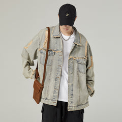 Threebooy American Style Vintage Men Denim Jacket Spring Autumn Loose Wash Jean Coat Retro Nostalgia Trend Holes Cowboy Outwear Top Male