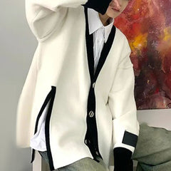 Threebooy Mens Sweater Black And White Contrast Side Slit Knit Shirt Autumn Streetwear Elegant Couple Versatile Tops Clothing Unisex 2024