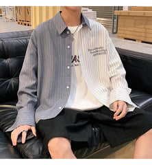 Threebooy Fashion Men Irregular Patchwork Striped Shirt Loose Long Sleeve Tops Spring Autumn Trend Streetwear Handsome Youth Shirts Male