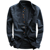 Threebooy Vintage High Quality Linen Shirt For Men Long Sleeve Stand Neck Slim Fit Top Chinese Style Retro Blouse Streetwear Plus Size 7XL