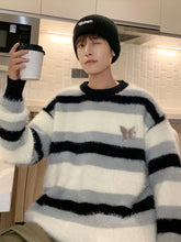 Threebooy Men'S Striped Knit Sweater, Fashionable Autumn/Winter Essential, Comfortable Versatile Warm, Two-Tone Options, Casual Style, Polyester, Stretch Knit Fabric, Regular Fit, Round Neck, Loose Fit