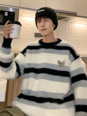 Threebooy Men'S Striped Knit Sweater, Fashionable Autumn/Winter Essential, Comfortable Versatile Warm, Two-Tone Options, Casual Style, Polyester, Stretch Knit Fabric, Regular Fit, Round Neck, Loose Fit