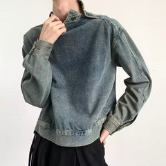 Threebooy Vintage Distressed Men's Denim Sweatshirt Release High Collar Luxury Design Tops Pullover Autumn Winter Harajuku Unisex Hoodie