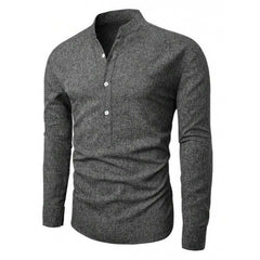 Threebooy Retro Men Cotton Linen Shirt Grey Long Sleeved Stand Collar Pullover Tops Spring Autumn Fashion Casual Loose Oversized Shirts