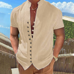 Threebooy New 100% Cotton Linen Vintage Shirts Mens Short Sleeve Stand Collar Casual Male Blouse Summer Retro Shirt Top Men Clothing