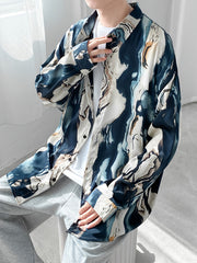 Threebooy Stylish Men's Hong Kong-Style Button-Up Shirt | All-Season Comfort | Casual & Trendy with Abstract Print | Perfect for Daily Wear, Vacations & Outdoor Activities | Ideal Gift