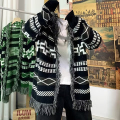 Threebooy Ethnic Style Knitted Cardigan Men Loose Lazy Tassel Sweater Shawl Autumn Winter Hip Hop Couple Knitting Top Coat Streetwear