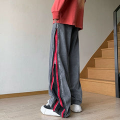 Threebooy High Street Hip Hop Men's Jeans Patchwork Zipper Design Loose Wide Legs Trousers Spring Autumn American Vintage Denim Pants