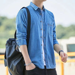 Threebooy Fashion Korean Style Denim Shirt For Men 100% Cotton Long Sleeve Slim Fit Tops Spring Autumn Casual Denim shirts Plus Size 4XL
