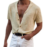 Threebooy Summer Newest Men Short-sleeved Knitted Polo Blouse Tees Cardigan Vintage Casual Lapel Breathable Ice Silk Shirt Sweater T-Shirt