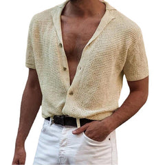 Threebooy Summer Newest Men Short-sleeved Knitted Polo Blouse Tees Cardigan Vintage Casual Lapel Breathable Ice Silk Shirt Sweater T-Shirt