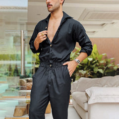 Threebooy Fashion Men Jumpsuits Solid Color Lapel Long Sleeve Casual Cargo Clothes Overalls Male Rompers Streetwear Girdle Waist Siamese