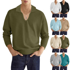 Threebooy Autumn Men's Polo Shirt Solid Long Sleeve V-neck Breathable Tops Fashion Casual Polos Collar Tshirts Clothing For Men Streetwear