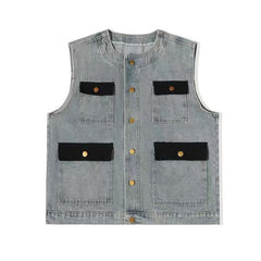 Threebooy American Vintage Men Denim Two-piece Set Patchwork Multi Pocket Vest And Jeans Pant Fashion High Street Suit Tank Tops Outfits