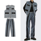 Threebooy American Vintage Men Denim Two-piece Set Patchwork Multi Pocket Vest And Jeans Pant Fashion High Street Suit Tank Tops Outfits