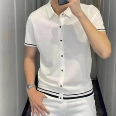Threebooy Light Lluxury Solid Patchwork Striped Shirt For Men Fashion Square Collar Short Sleeve Cardigan Tops Summer Slim Fit Polo Shirts